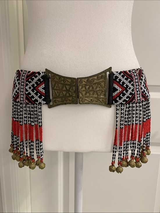 Collectors piece - Beaded Fringe Waist Belt with Brass-Tone Buckle - Black & Red